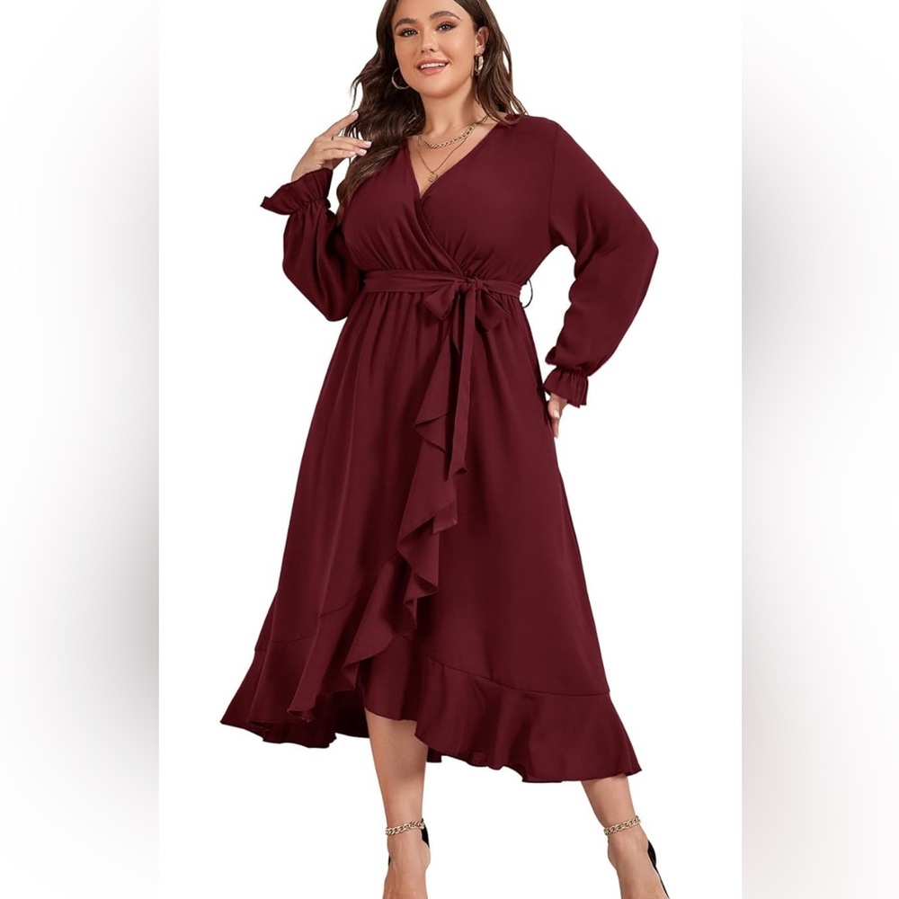 1X Semi Formal Maxi Dress Long Sleeve Wrap with Split Ruffle-belt missing